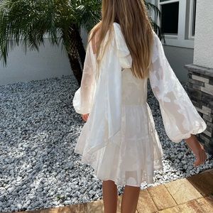 Belle Badgley Mischka Mock Neck Puff Sleeve Ansley Floral Print Tiered Dress NWT